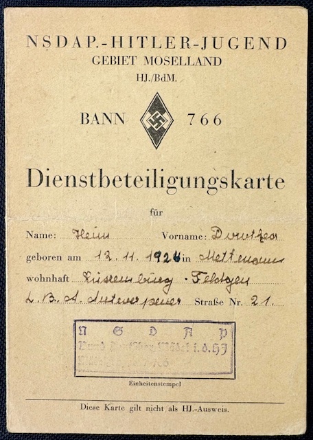 N.S.D.A.P. Gebeit Mosselland Bann 766 Dienstbeteiligungskarte #17775 