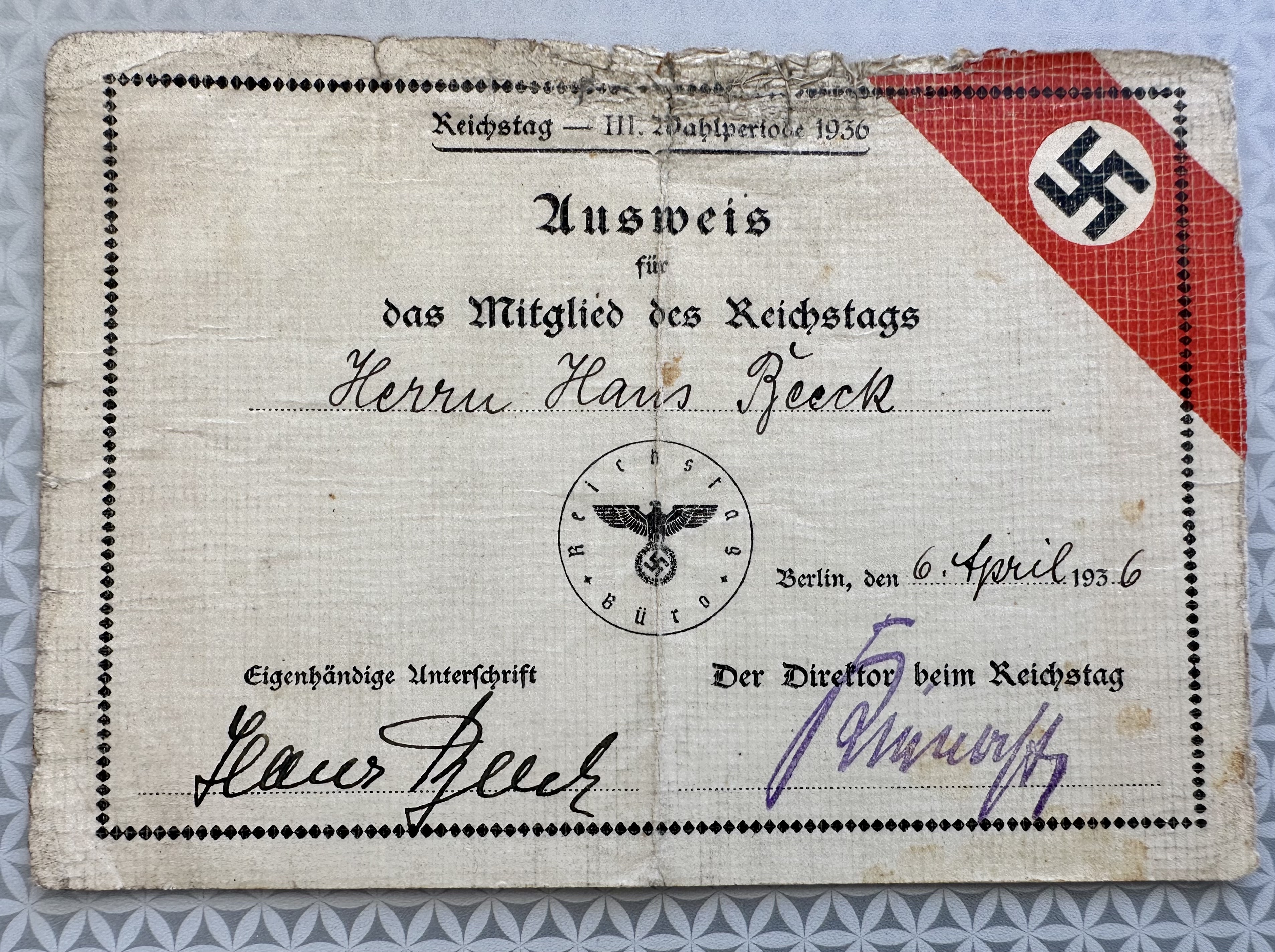 Ausweis für Das Mitglied Des Reichstags #17318 