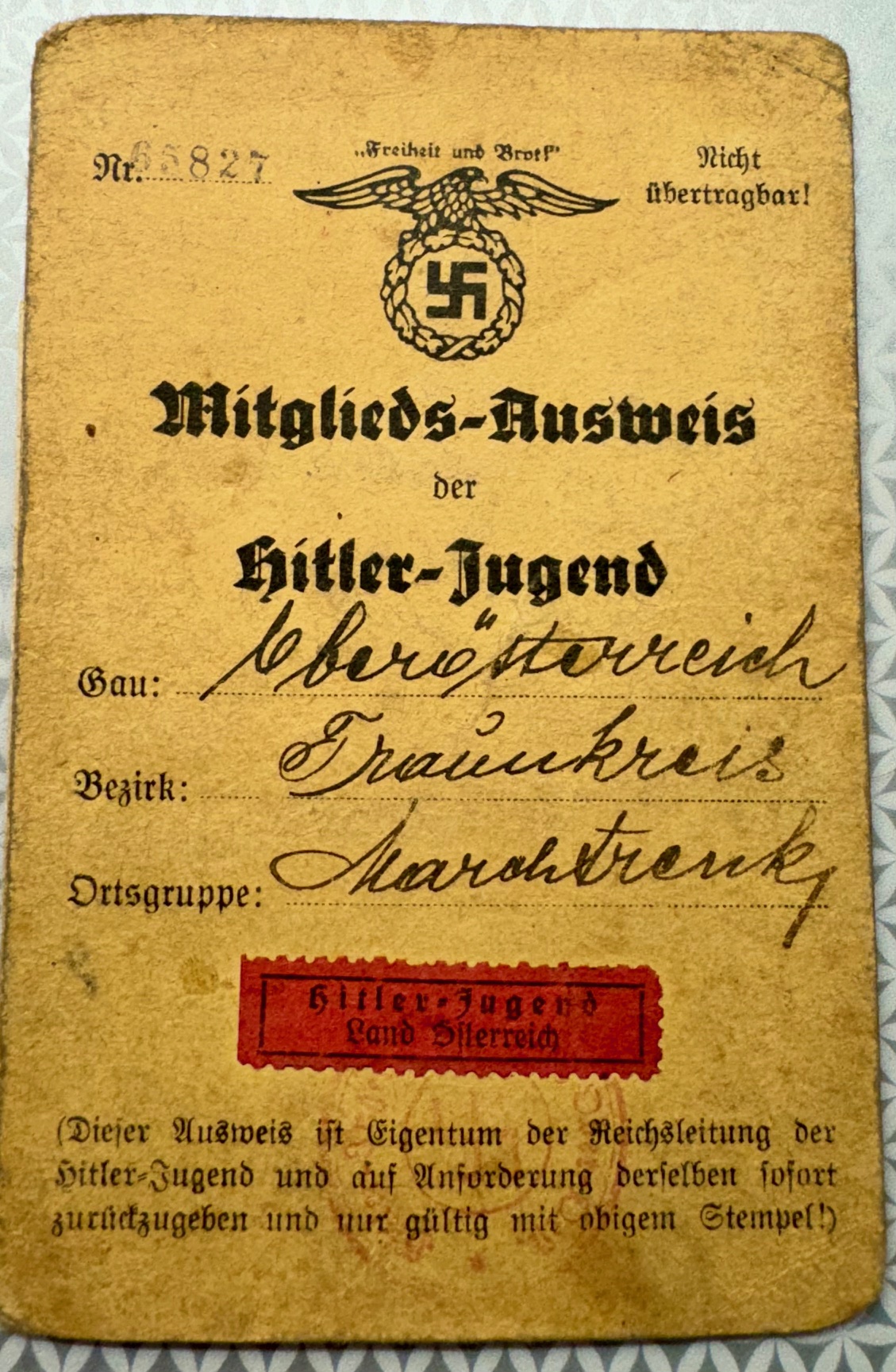 Mitglieds-Ausweis der Hitler Jugend #17507 