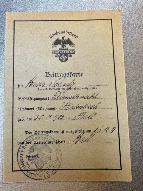 Reichsnährstand Blut und Boden Beittragskarte #16486 