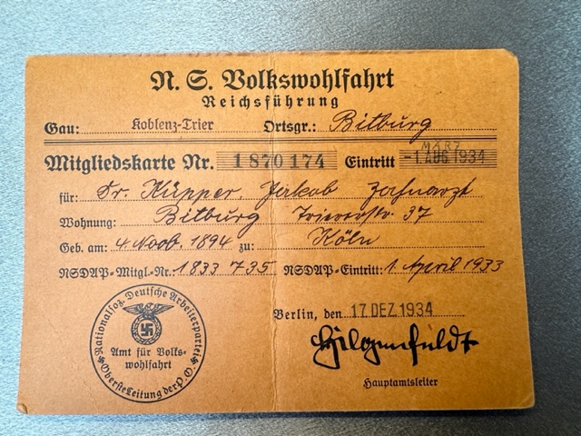 Volkswohlfahrt Mitgliedskarte #16523 