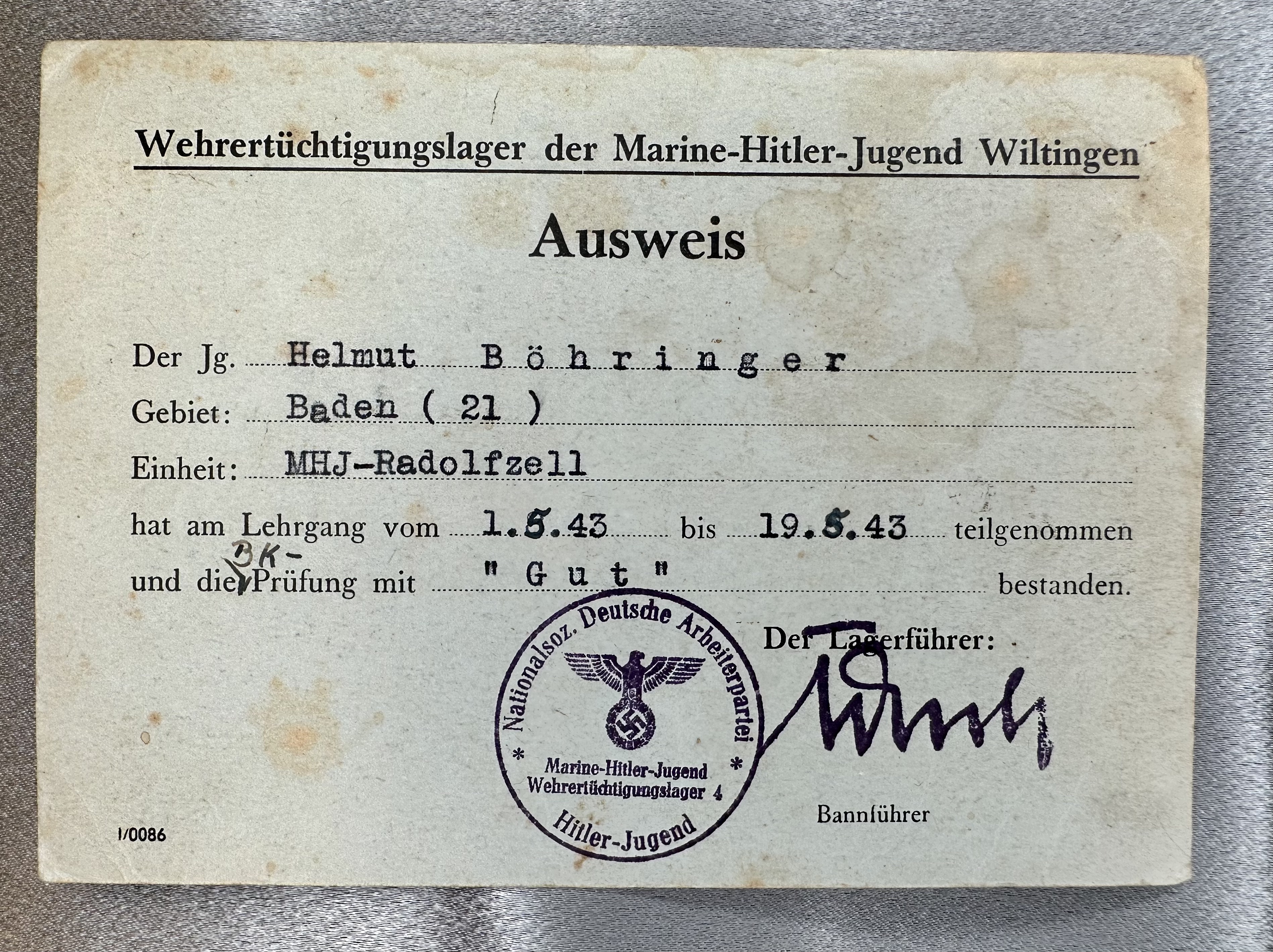 Wehrertüchtigungslager der Marine Hitler Jugend Wiltingen Ausweis #17374 