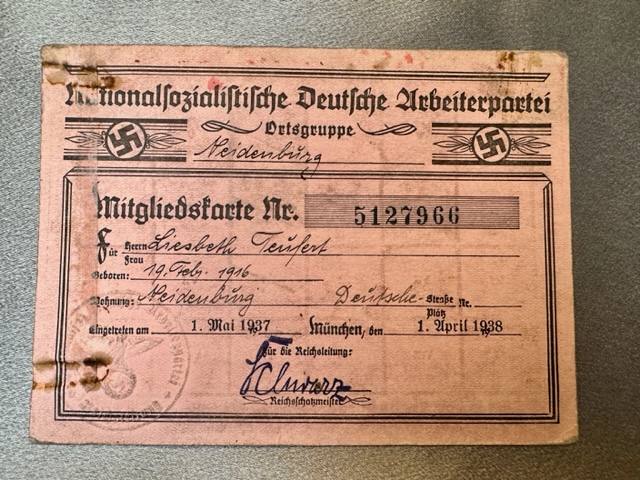 Nationalsozialistische Deutsche Arbeiterpartei Mitgliedskarte #16512 