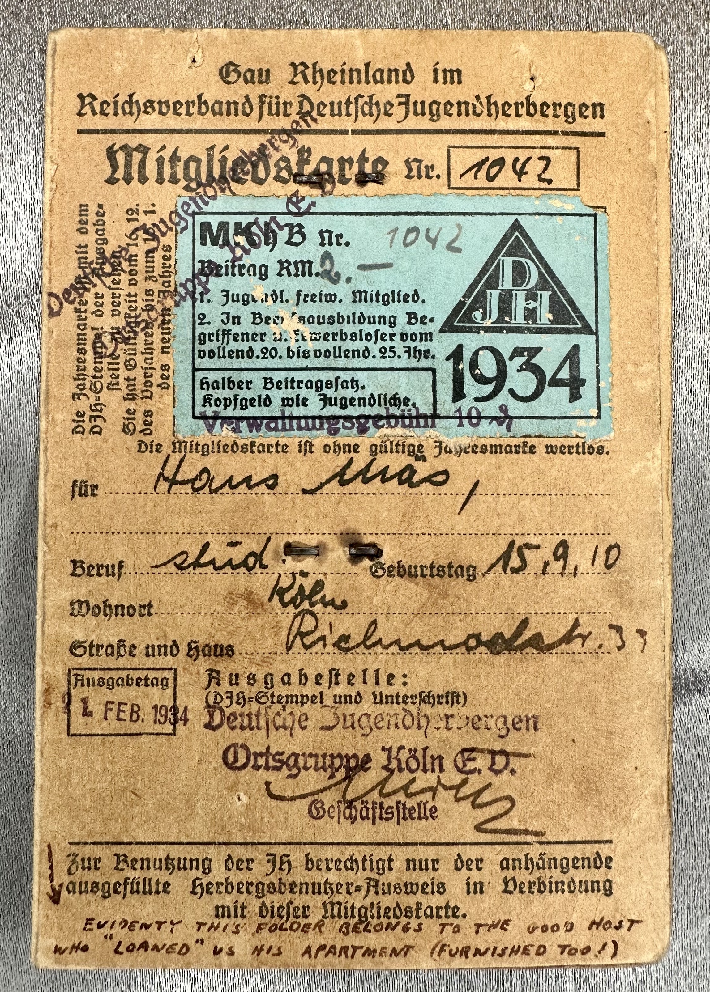 Reichsverband für Deutsche Jugendhergergen Landesverband Rheinland Mitgliedskarte #17349 