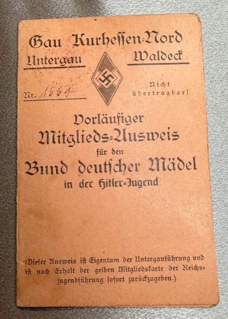 Vorläufiger Mitgliedsausweis für den Bund Deutscher Mädel #16376 