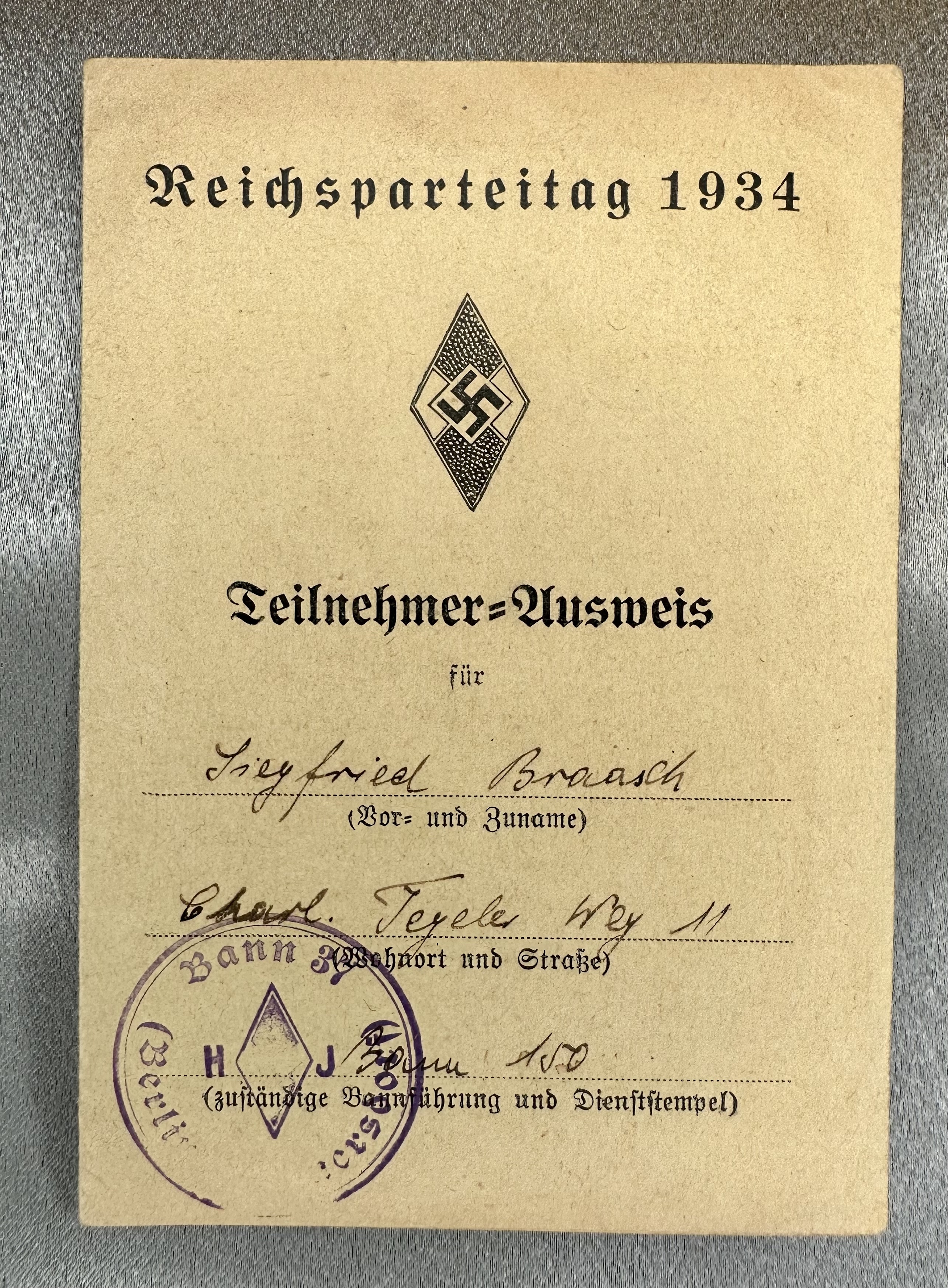 HJ Reichsparteitag 1934 Teilnehmer Ausweis #17382 